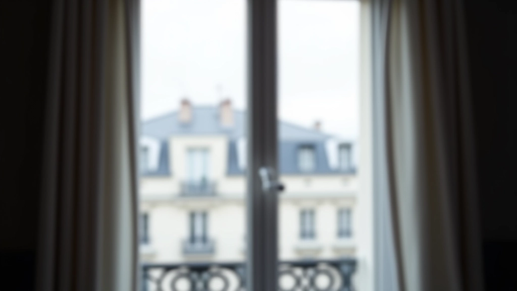 Fenêtre d'appartement avec stores occultants fermés, vue extérieure d'une rue parisienne grise, lumière naturelle diffuse