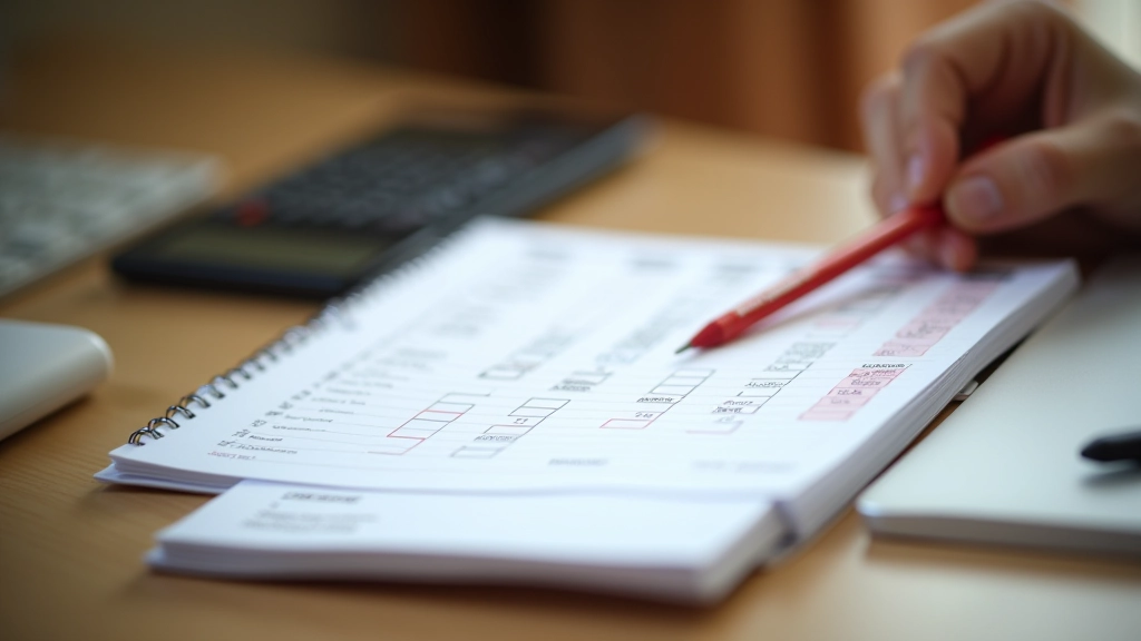 Table avec un carnet de suivi rempli de données mensuelles, calculatrice, stylo rouge marquant les variations saisonnières