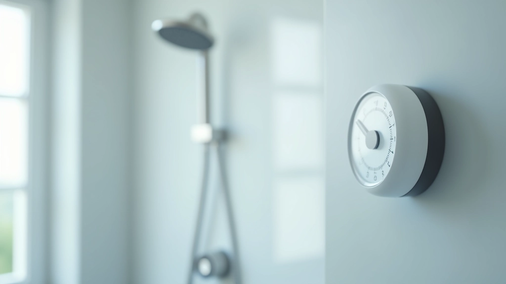 Minuteur de salle de bain montrant quatre minutes, placé près d'une pomme de douche chromée moderne