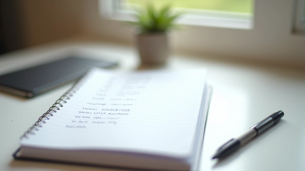 Cahier ouvert sur un bureau avec des relevés mensuels notés à la main, stylo posé à côté, lumière naturelle du matin