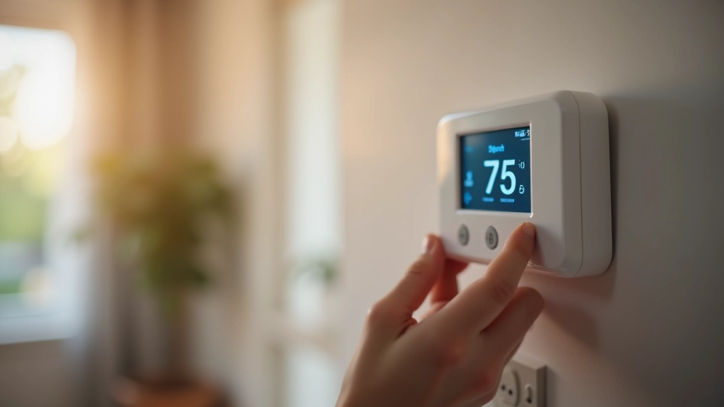 Thermostat mural affichant dix-neuf degrés avec main réglant la température dans un salon moderne