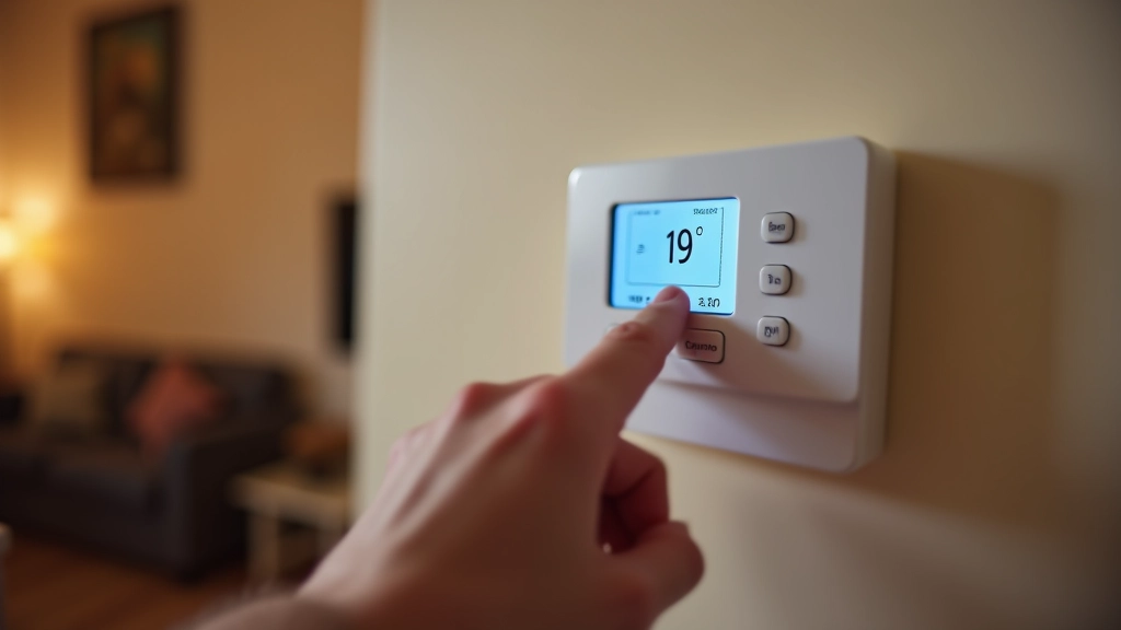 Thermostat digital blanc affichant 19 degrés Celsius avec doigt pointant vers l'écran dans un intérieur cosy