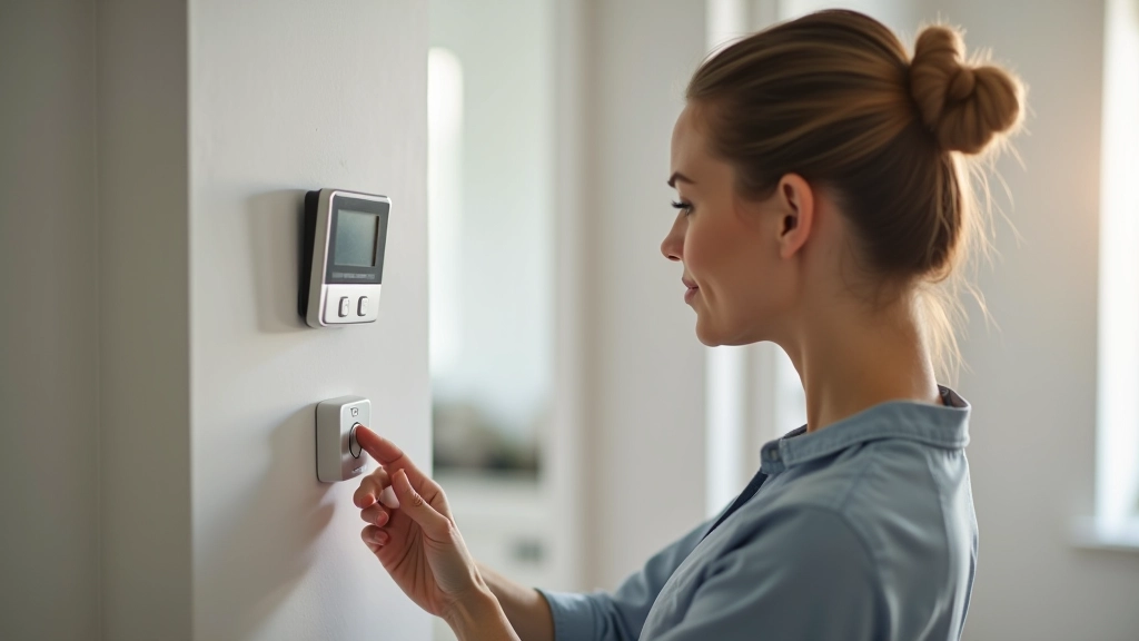 Personne ajustant un thermostat mural avec un sourire de satisfaction, intérieur moderne d'un appartement